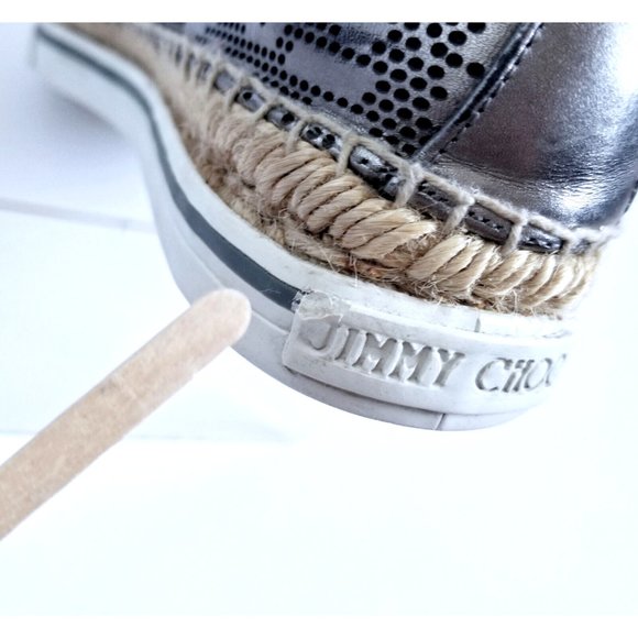 JIMMY CHOO Dawn Metallic Pewter Leather Espadrilles EU 39 US 9 Slip On Leopard - Picture 14 of 16